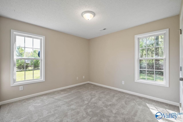 carpeted empty room featuring a textured ceiling, baseboards, visible vents, and a wealth of natural light