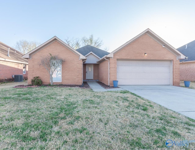 ranch-style home with brick siding, central air condition unit, a front yard, driveway, and an attached garage