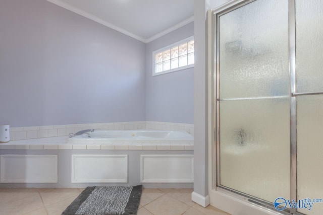 full bath with crown molding, a bath, a stall shower, and tile patterned floors