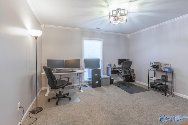 office space with crown molding, baseboards, and carpet floors