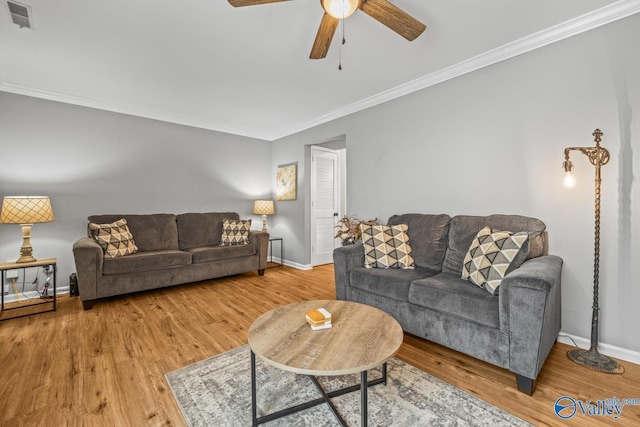 2823 Wynterhall Rd, Huntsville, AL 35803 - living area featuring a ceiling fan, wood finished floors, baseboards, ornamental molding, and visible vents