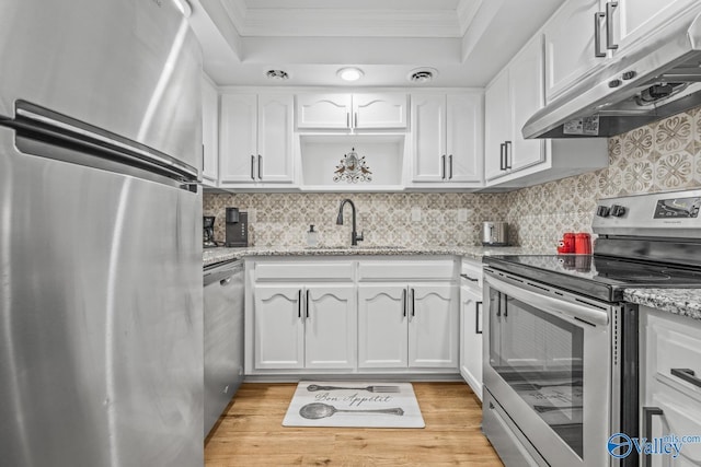 2823 Wynterhall Rd, Huntsville, AL 35803 - kitchen with a sink, white cabinetry, appliances with stainless steel finishes, under cabinet range hood, and ornamental molding