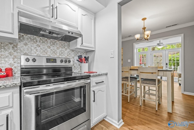 2823 Wynterhall Rd, Huntsville, AL 35803 - kitchen featuring stainless steel electric range oven, under cabinet range hood, ornamental molding, and visible vents