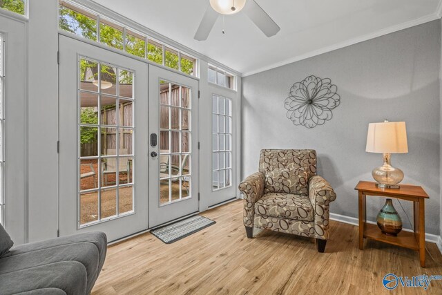 2823 Wynterhall Rd, Huntsville, AL 35803 - living area featuring crown molding, wood finished floors, ceiling fan, french doors, and baseboards