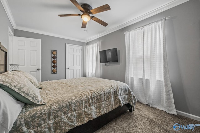 2823 Wynterhall Rd, Huntsville, AL 35803 - bedroom featuring crown molding, carpet flooring, baseboards, and a ceiling fan