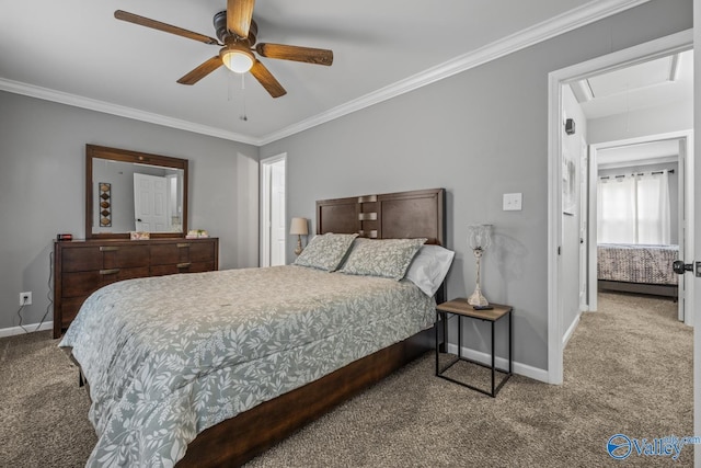 2823 Wynterhall Rd, Huntsville, AL 35803 - carpeted bedroom with attic access, a ceiling fan, baseboards, and ornamental molding