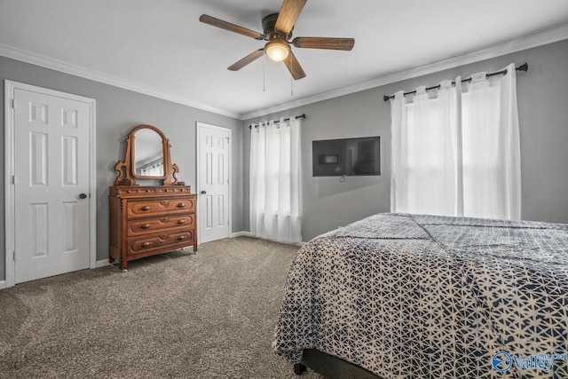 2823 Wynterhall Rd, Huntsville, AL 35803 - bedroom with a ceiling fan, carpet floors, crown molding, and a closet