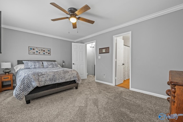 2823 Wynterhall Rd, Huntsville, AL 35803 - bedroom featuring ceiling fan, baseboards, crown molding, and carpet