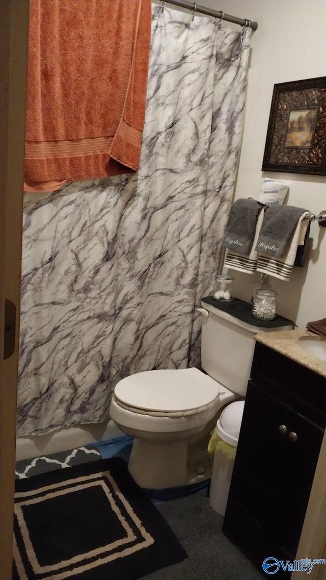 bathroom featuring vanity, toilet, and a shower with shower curtain