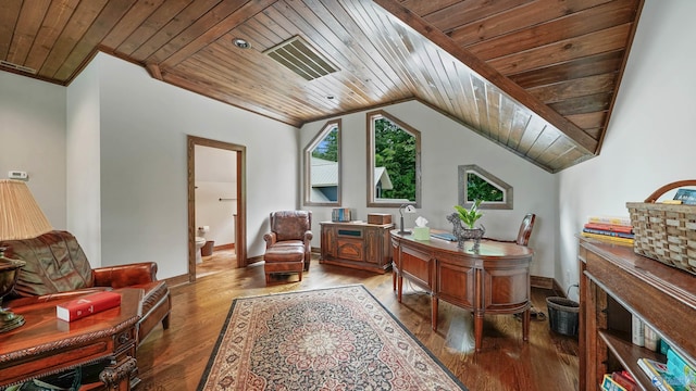 office area with light hardwood / wood-style floors, vaulted ceiling, and wooden ceiling