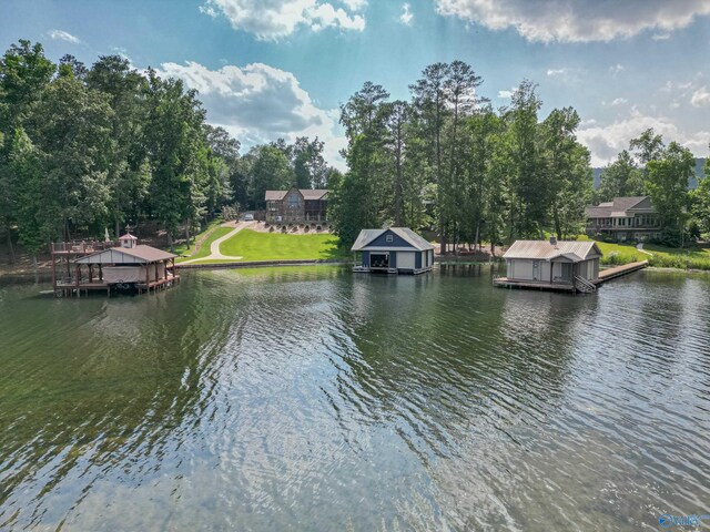 view of water feature with a dock