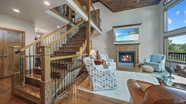 living room with high vaulted ceiling, hardwood / wood-style floors, and wood ceiling