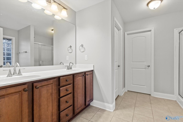 bathroom with tile patterned flooring, vanity, and a shower with shower door