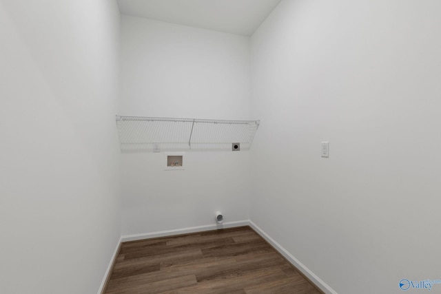 laundry area featuring hookup for an electric dryer, laundry area, washer hookup, wood finished floors, and baseboards