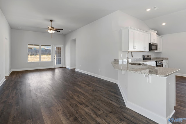 15354 Springbrook Trce, Athens, AL 35611 - kitchen featuring light stone counters, black microwave, a ceiling fan, electric stove, and a sink