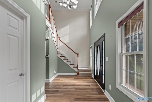 123 Coyote Creek Rd, Meridianville, AL 35759 - foyer entrance with stairway, a chandelier, wood finished floors, ornamental molding, and baseboards
