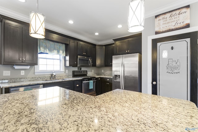 kitchen featuring stainless steel appliances, light stone countertops, pendant lighting, sink, and dark brown cabinets