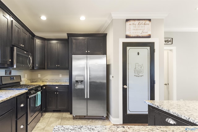 kitchen with light stone counters, stainless steel appliances, light tile patterned floors, and crown molding