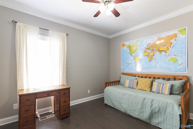 bedroom featuring ceiling fan, ornamental molding, and dark hardwood / wood-style floors