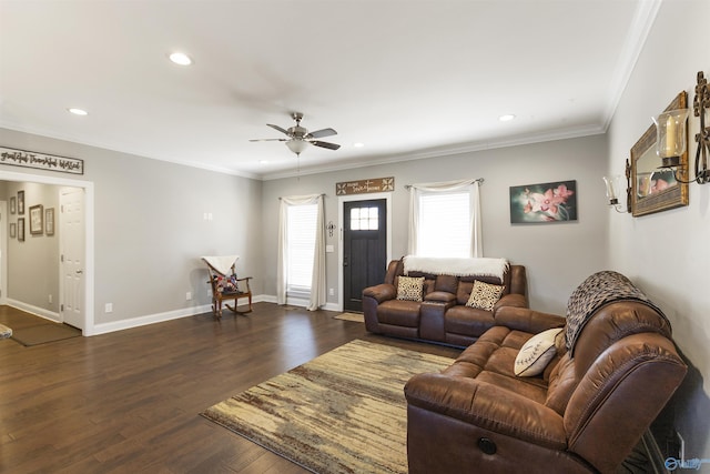 living room featuring ceiling fan, crown molding, and dark hardwood / wood-style floors