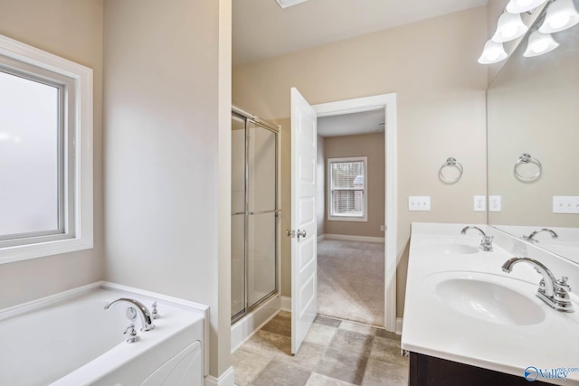 bathroom featuring vanity and plus walk in shower