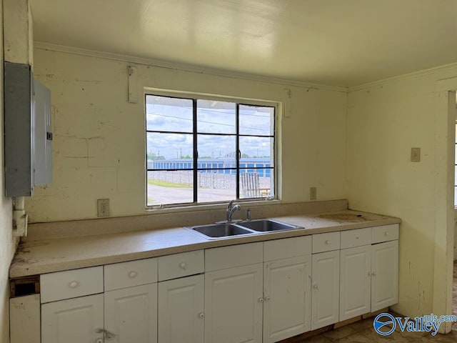 11801 W Gateway Dr SE, Huntsville, AL 35803 - kitchen with a sink, electric panel, white cabinets, light countertops, and ornamental molding