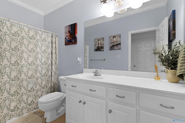 full bathroom featuring toilet, ornamental molding, tile patterned flooring, and vanity