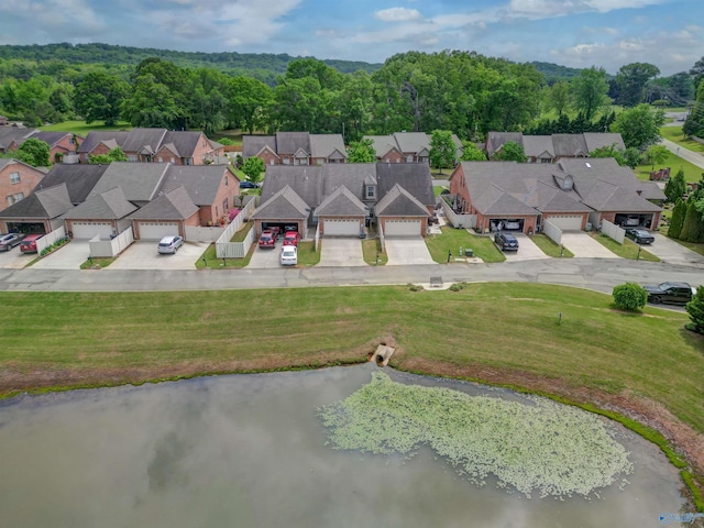 aerial view with a water view and a residential view