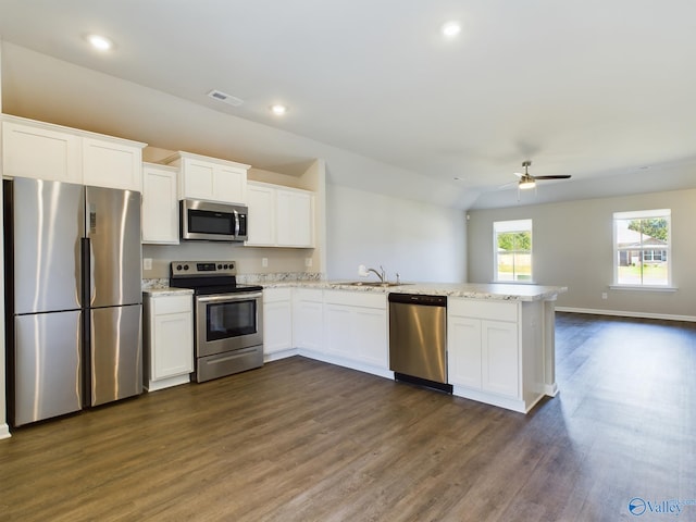 kitchen with dark hardwood / wood-style flooring, ceiling fan, white cabinetry, and appliances with stainless steel finishes