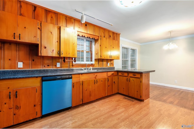 kitchen featuring a chandelier, light hardwood / wood-style floors, crown molding, and stainless steel dishwasher