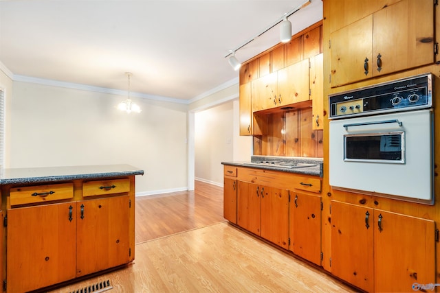 kitchen with ornamental molding, light wood-type flooring, white appliances, and rail lighting