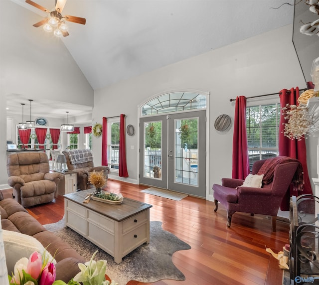 2224 Veranda Trce, Gadsden, AL 35903 - living room featuring high vaulted ceiling, french doors, light wood-style floors, ceiling fan, and plenty of natural light