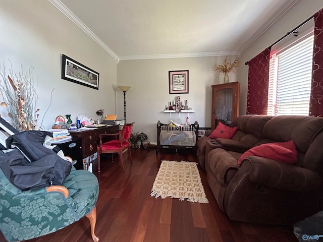 living room with crown molding and dark hardwood / wood-style flooring