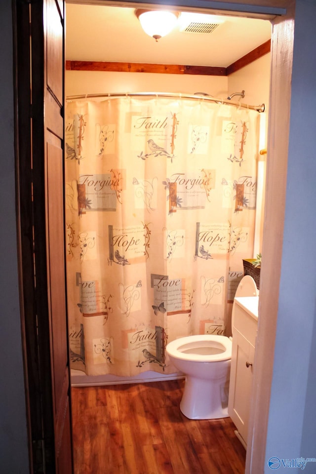 bathroom with vanity, hardwood / wood-style flooring, and toilet