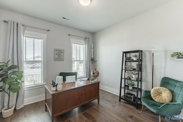 home office featuring dark wood-style floors, plenty of natural light, visible vents, and baseboards