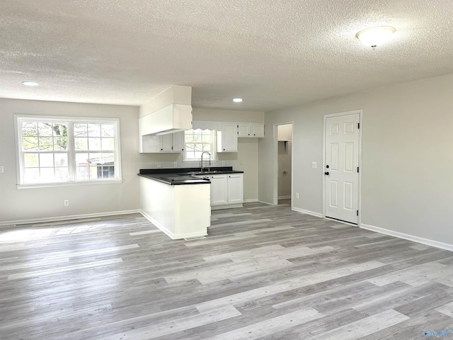 kitchen featuring light wood finished floors, a textured ceiling, a sink, and dark countertops