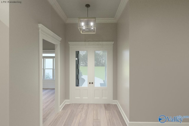 doorway to outside featuring french doors, ornamental molding, and light wood-type flooring