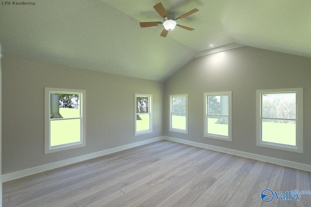 unfurnished room with light wood-type flooring, ceiling fan, vaulted ceiling, and a wealth of natural light