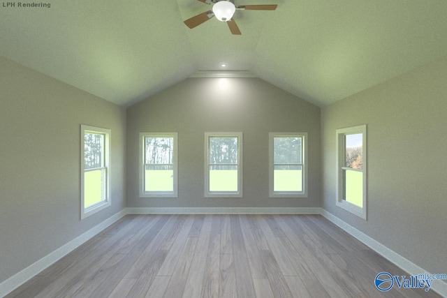 unfurnished room featuring lofted ceiling, ceiling fan, and light hardwood / wood-style flooring