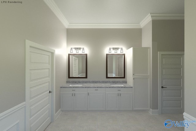 bathroom featuring tile patterned flooring, crown molding, and vanity