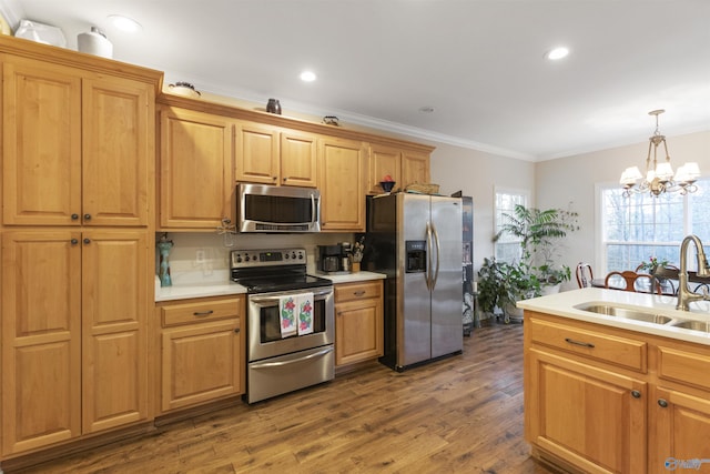 1033 Edgewood Cir, Arab, AL 35016 - kitchen with crown molding, wood finished floors, light countertops, a sink, and stainless steel appliances