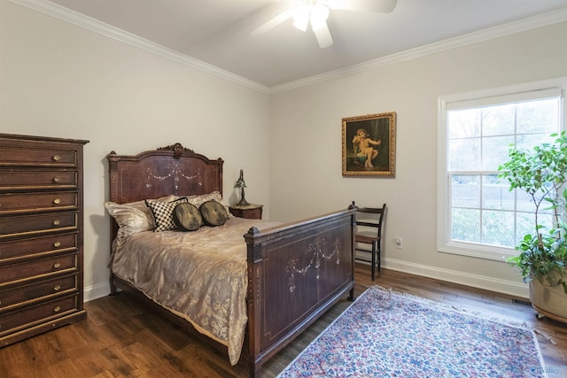 1033 Edgewood Cir, Arab, AL 35016 - bedroom with dark wood-type flooring, baseboards, crown molding, and a ceiling fan