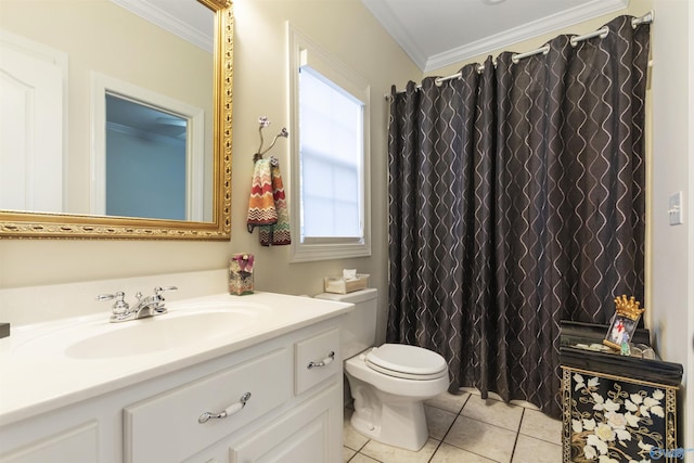 1033 Edgewood Cir, Arab, AL 35016 - full bathroom with a shower with shower curtain, vanity, tile patterned floors, crown molding, and toilet