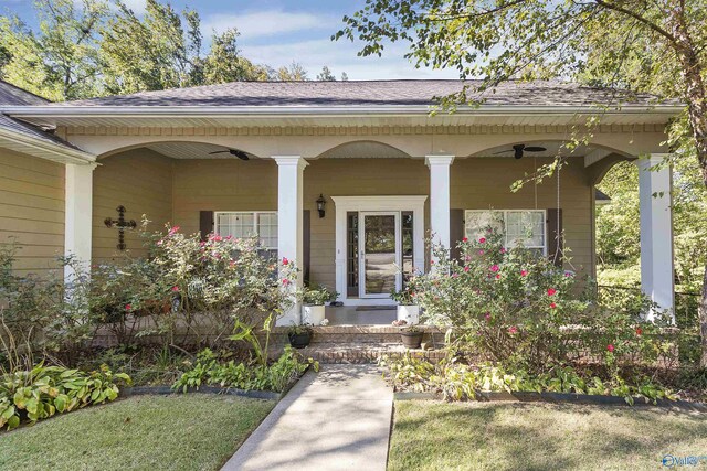 1033 Edgewood Cir, Arab, AL 35016 - doorway to property with roof with shingles, a ceiling fan, and covered porch