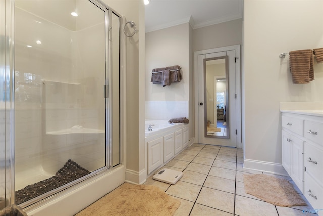 1033 Edgewood Cir, Arab, AL 35016 - full bathroom featuring crown molding, a bath, vanity, tile patterned flooring, and a stall shower
