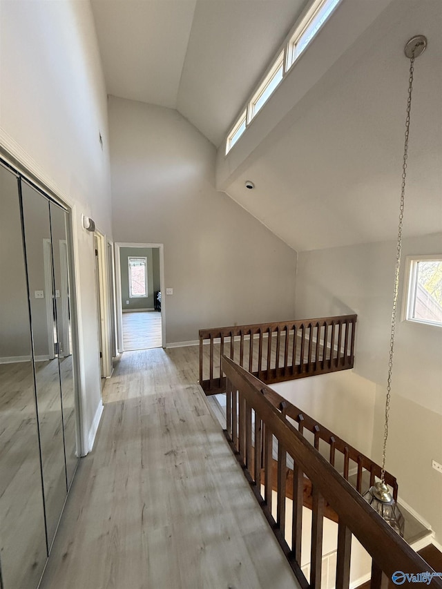 hall with high vaulted ceiling, a healthy amount of sunlight, and light hardwood / wood-style floors