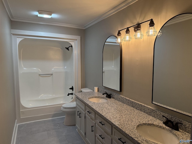 full bathroom featuring bathtub / shower combination, toilet, ornamental molding, vanity, and tile patterned flooring