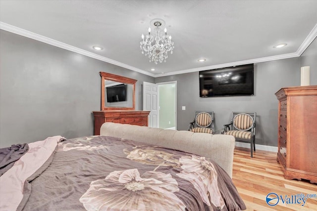 bedroom with a notable chandelier, ornamental molding, and light wood-type flooring