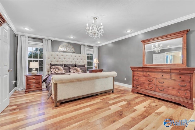 bedroom featuring crown molding, light hardwood / wood-style flooring, and a notable chandelier