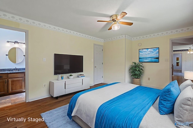 114 Butch Cir, Hazel Green, AL 35750 - bedroom featuring wood finished floors, ensuite bathroom, and a ceiling fan